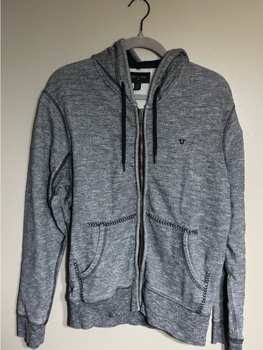 True Religion Baseball Stitch Gray Y2K Full Zip Hoodie Size Small